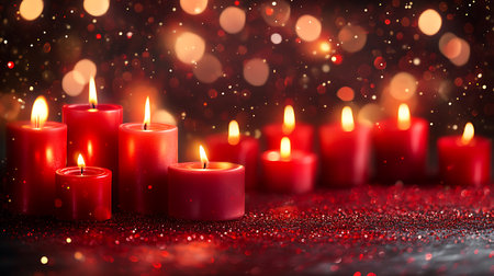 Burning red candles with bokeh lights on dark background, closeupの素材