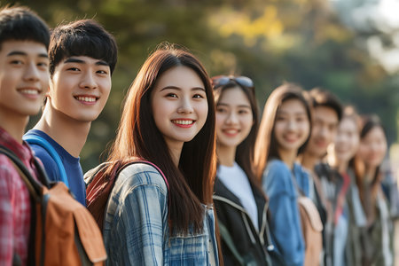 Group of happy asian teenagers walking together in the park. Asian peopleの素材