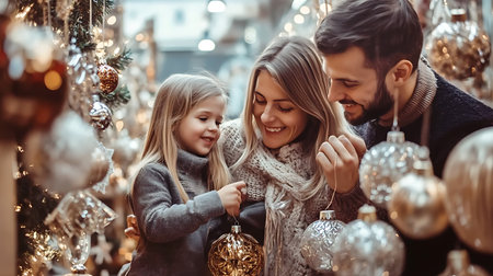 Beautiful happy family is choosing Christmas decorations on the Christmas market.の素材