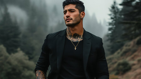 Portrait of a handsome young man with tattoos on his arms, wearing a black suit, standing in the mountains.の素材