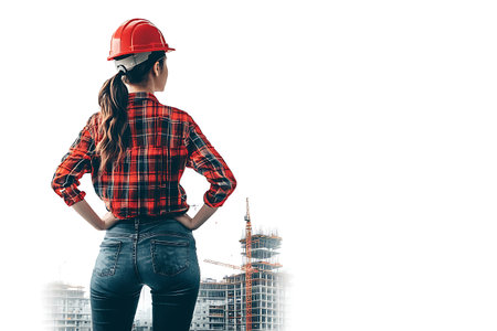 Back view of engineer woman in hardhat on construction site. Mixed mediaの素材
