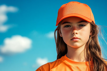 Little girl in baseball cap and orange sportswear on blue sky background.の素材