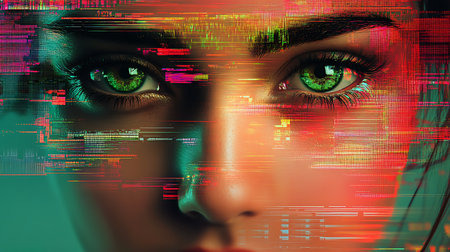 Close-up portrait of a beautiful young woman with glitch effect.の素材