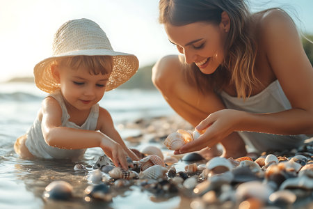 Beautiful young mother and her cute little daughter are playing with shells on the beach.の素材
