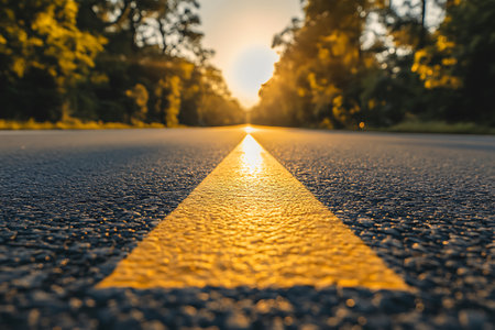 Asphalt road with yellow line at sunset time. Abstract background.の素材