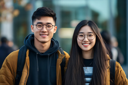 Portrait of two young asian students standing together in the cityの素材