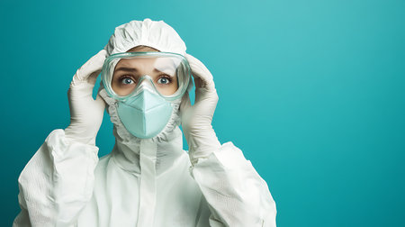 Portrait of young female doctor in protective suit and respirator on blue backgroundの素材