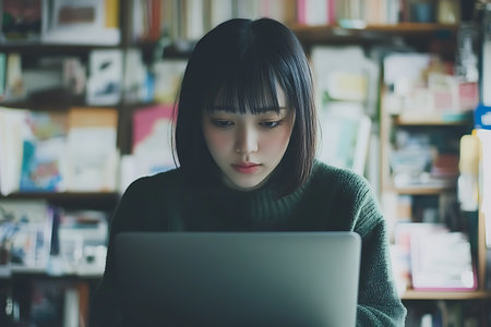 Young asian woman using laptop computer in library, education concept.の素材