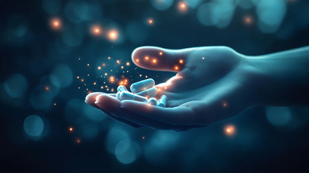 Human hand holding glowing blue pills on dark background. 3D renderingの素材