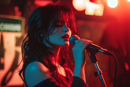 Beautiful young asian woman singing in a nightclub with colorful lighting.の素材