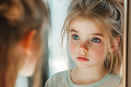 Portrait of a cute little girl with blue eyes looking at the mirrorの素材