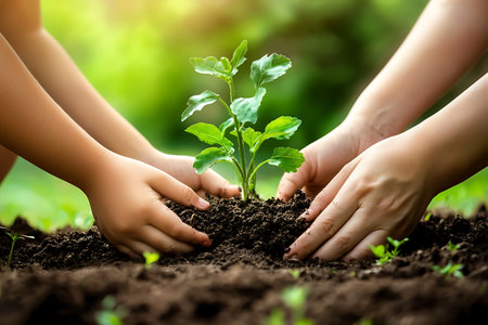 Close up of child and woman hands planting tree in fertile soil outdoorsの素材