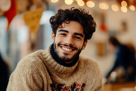 Portrait of a handsome young man in a beige sweater smiling and looking at the camera.の素材