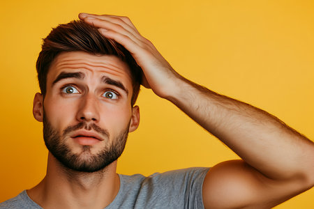 Portrait of a confused young man scratching his head while standing against yellow backgroundの素材