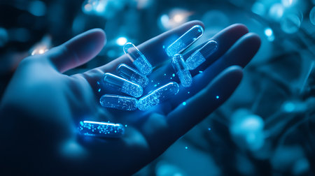 Close up of human hand holding blue pills on dark background 3D renderingの素材