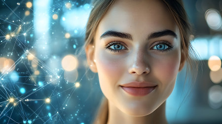 Portrait of beautiful young woman with glowing blue eyes. 3d renderingの素材