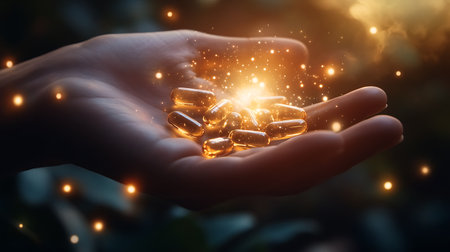 Close up of female hand holding Omega 3 fish oil capsules in palmの素材