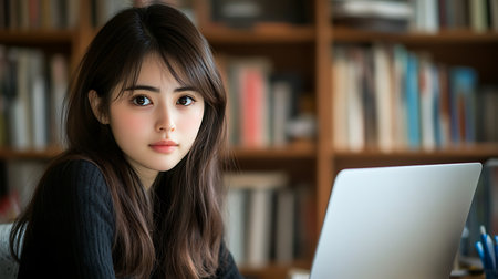 Portrait of a beautiful young asian woman using laptop in libraryの素材