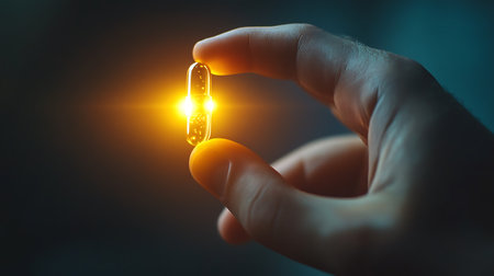 Man hand holding Omega 3 fish oil capsule on dark background 3D renderingの素材