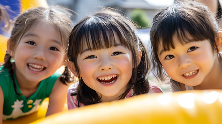 Portrait of happy little girls having fun on slide at the playgroundの素材