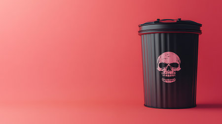 Coffee cup with skull on red background. 3d illustrationの素材