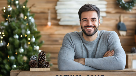 Portrait of a handsome young man in a sweater standing with crossed arms in front of a Christmas treeの素材