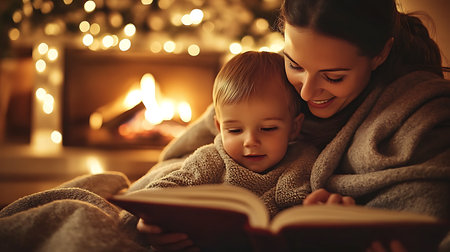 Young mother and her little son reading book near fireplace on Christmas eveの素材