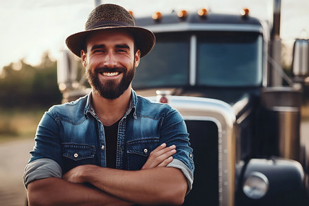 Portrait of a handsome young man standing with crossed arms in front of his truck.の素材