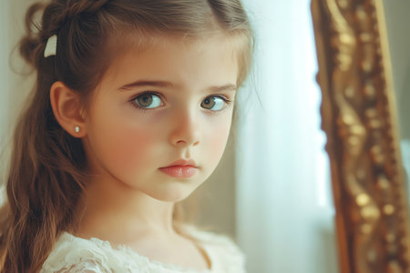Portrait of a beautiful little girl in a white dress near the mirrorの素材