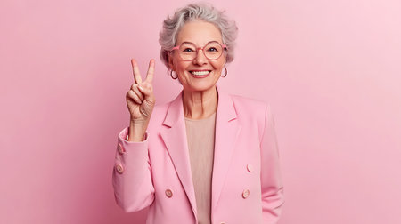 Positive elderly woman in eyeglasses showing peace sign and smiling while standing against pink backgroundの素材