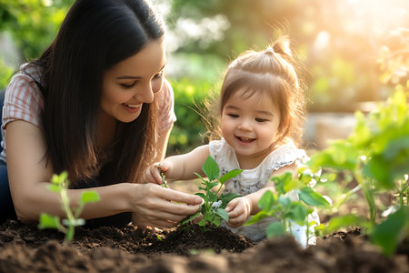 Mother and daughter planting seedling in soil outdoors. Gardening conceptの素材