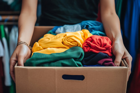 Woman hands holding a box full of clothes. Close-up.の素材