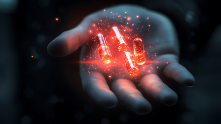 Man holding a glowing pill in his hand on dark background 3D renderingの素材