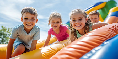 Group of happy children having fun on an inflatable trampolineの素材