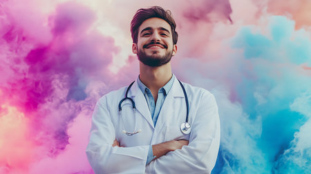 Portrait of a young male doctor with a stethoscope around his neck against a colorful backgroundの素材