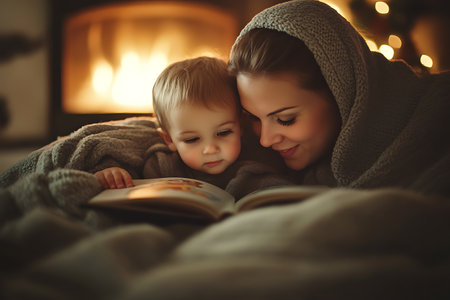 Mother and son reading a book in front of a fireplace at home.の素材