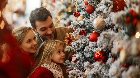 Happy family decorating christmas tree at home. Father, mother and daughter are preparing for new year.の素材