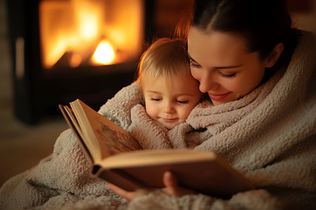 Mother and her little daughter reading book at home in front of fireplaceの素材