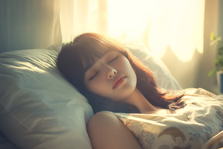 Beautiful asian woman sleeping on bed in the morning, vintage toneの素材