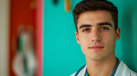 Portrait of young male doctor with stethoscope on his neckの素材