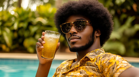 stylish african american man in sunglasses holding glass of beer near swimming poolの素材