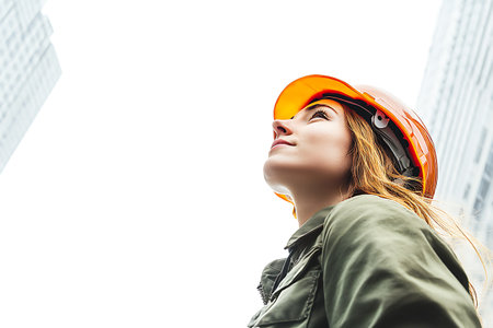 Portrait of a young female engineer in an orange helmet on the background of skyscrapersの素材