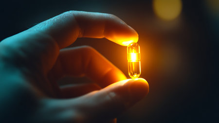 Close up of male hand holding a yellow pill capsule on dark backgroundの素材