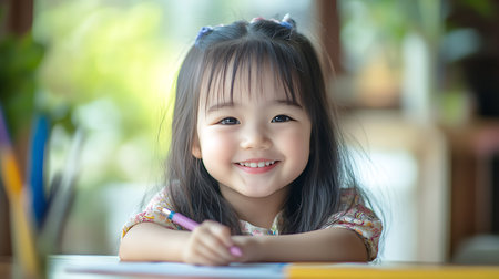 Portrait of little asian girl drawing with color pencils at homeの素材
