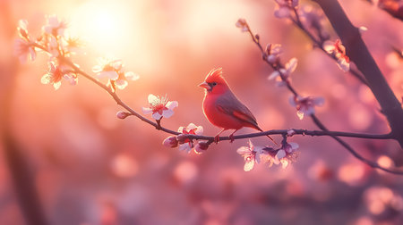 Beautiful red cardinal bird on a branch of blossoming apricot treeの素材