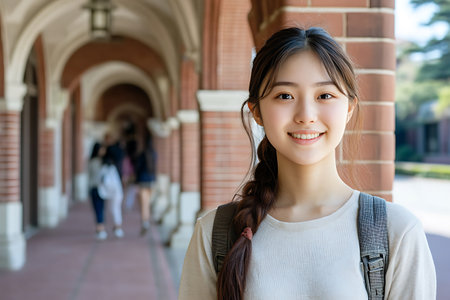 Portrait of thai adult student university uniform beautiful girl relax and smileの素材