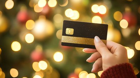 hand holding credit card on bokeh background. christmas conceptの素材