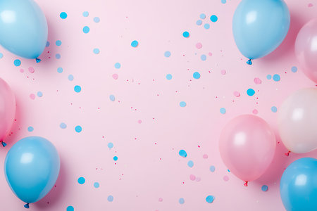 Colorful balloons and confetti on pastel pink background with copy space. Birthday, party, celebration conceptの素材