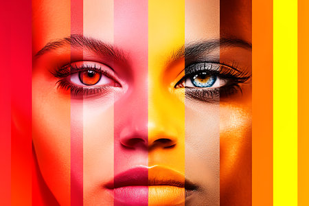 Close-up portrait of a beautiful young woman with bright makeup.の素材