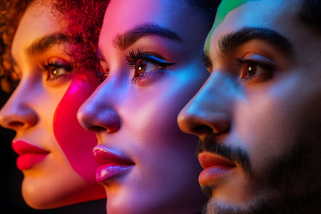 Close-up portrait of a man and a woman with multicolored makeup.の素材